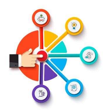 Parmak presler düğmesine. İş süreci infographics 5 adım ile. Modern vektör infochart düzen tasarımı.