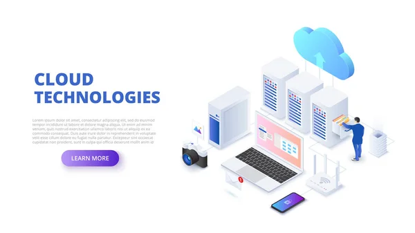 Concetto di design delle tecnologie cloud con le persone. Illustrazione isometrica vettoriale. Modello di pagina di atterraggio per web . — Vettoriale Stock