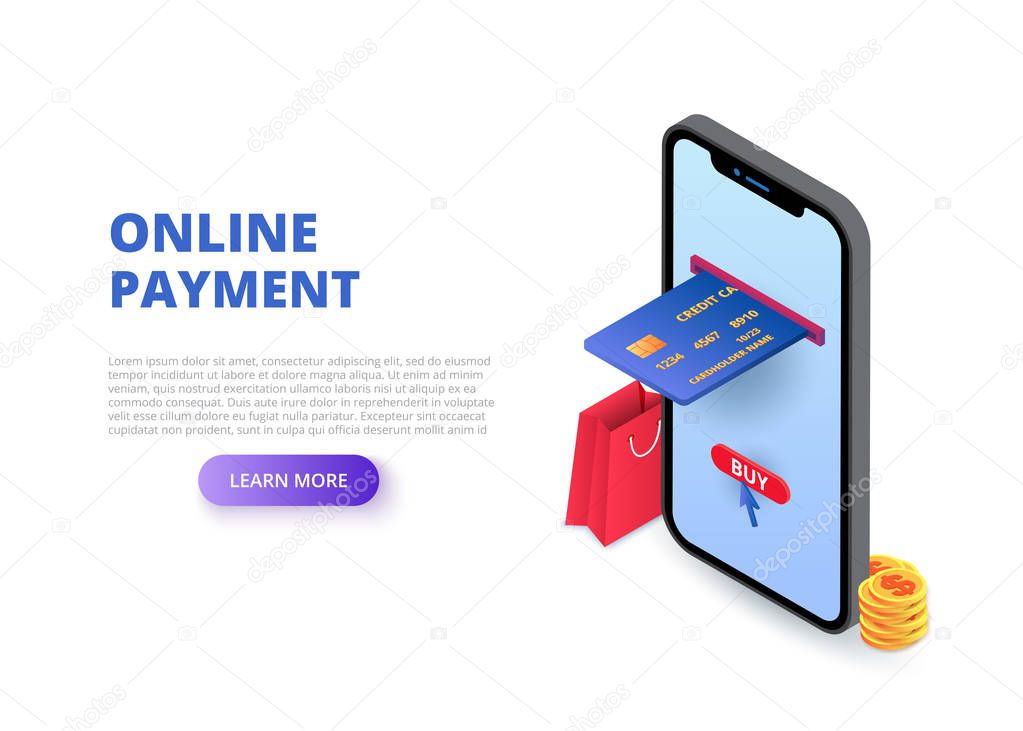 Online payment design concept with sitting man. Isometric vector illustration. Landing page template for web.