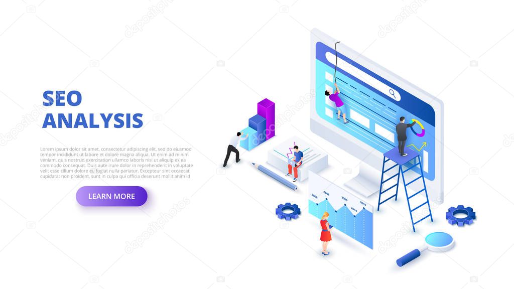 Seo analyses and optimization design concept with people. Isometric vector illustration. Landing page template for web.