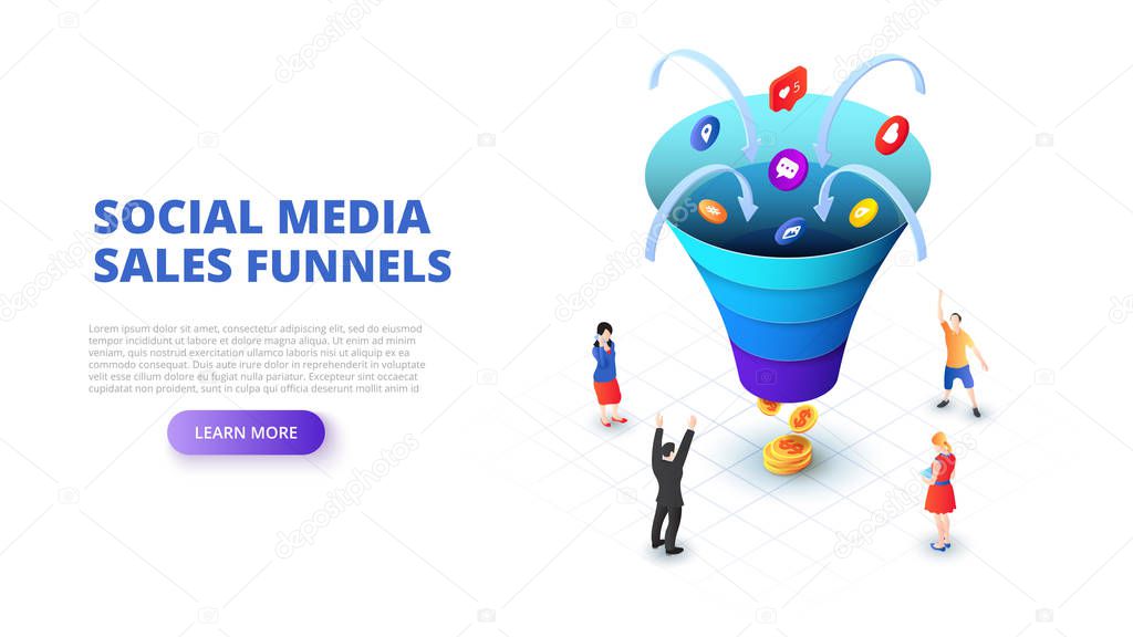 Social media sales funnel design concept with people. Isometric vector illustration. Landing page template for web.