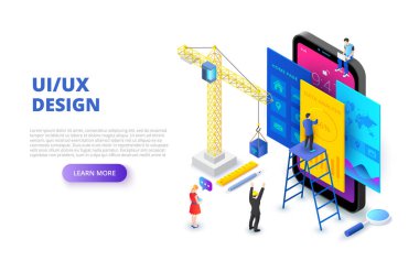UI tasarım konsepti ile smartphone, Vinç ve insanlar. İzometrik vektör çizim. Web için açılış sayfası şablonu.