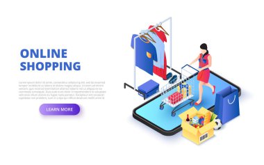 Online alışveriş tasarım konsepti ile kadın ve süpermarket arabası. İzometrik vektör çizim. Web için açılış sayfası şablonu.