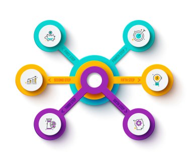 İş veri görselleştirme. Soyut öğeler 6 adımları, seçenekleri, parçalar veya işlemlerin diyagramın. Vektör iş tanıtımı için şablon. Creative Infographic konsepti.