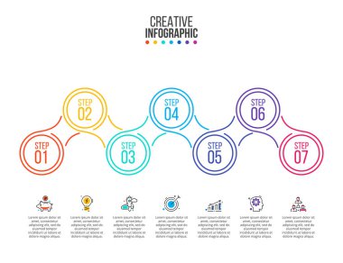 Infographic için ince çizgi düz öğe. Diyagramı, grafik, sunum ve grafik şablonu. 7 seçenekleri, parçalar, adımları veya işlemleri ile iş kavramı. Veri görselleştirme.