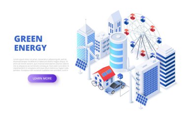 Yeşil teknoloji tasarım konsepti ile güneş panelleri, rüzgar jeneratörleri ve elektro araba. İzometrik vektör çizim. Web için açılış sayfası şablonu.