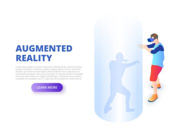 Sanal gerçeklik tasarım konsepti ile shooter oynayan adam. İzometrik vektör çizim. Web için açılış sayfası şablonu.