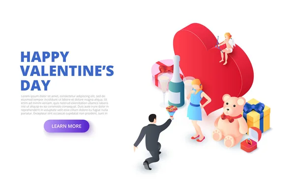 Valentines day design concept with heart and marriage proposal. Isometric vector illustration. Landing page template for web — Stock Vector