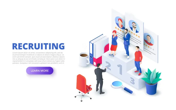 Concept de conception d'embauche et de recrutement avec socle et personnes. Illustration vectorielle isométrique. Modèle de page de destination pour le web — Image vectorielle