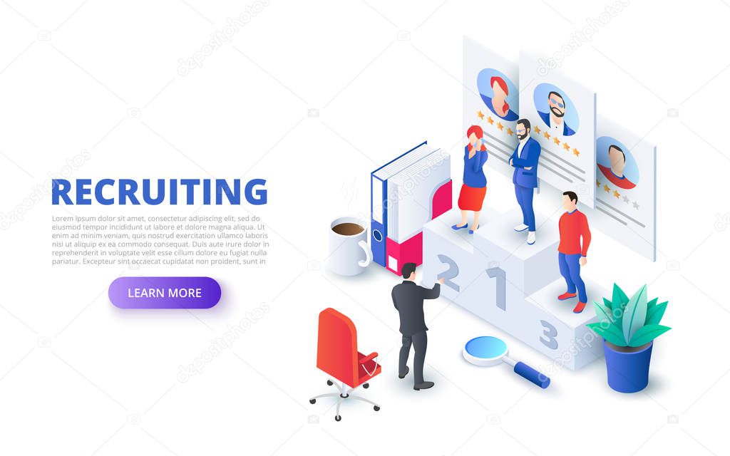 Hiring and recruitment design concept with pedestal and people. Isometric vector illustration. Landing page template for web