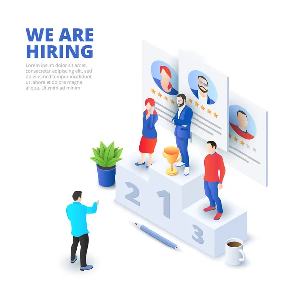 Hiring and recruitment isometric vector illustration. Recruit resources, research and choice. Application for employee hiring — Wektor stockowy