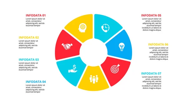 Flat circle element for infographic with 7 parts, options or steps. Template for cycle diagram, graph, presentation and chart — Stock Vector