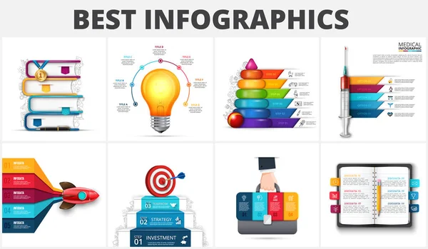 Реалистичное образование, медицина, стартап, бизнес и творческая инфографика. Векторные книги, ракеты, лампочки, бизнес-цель, шприц и другие элементы — стоковый вектор