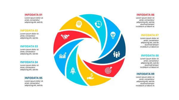 Circle element for infographic with 9 options, parts or steps. Template for cycle diagram, graph and round chart — Stock Vector