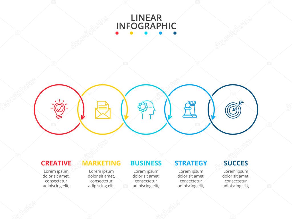 Thin line flat circles for infographic with 5 options, parts, steps or processes. Template for diagram, graph, presentation and chart. Line icons