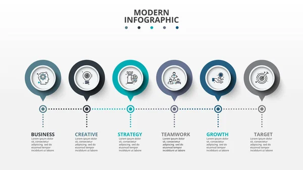 Moderna infographic formgivningsmall. Vektorillustration. Abstrakta diagram med 6 steg, alternativ, delar eller processer. — Stock vektor