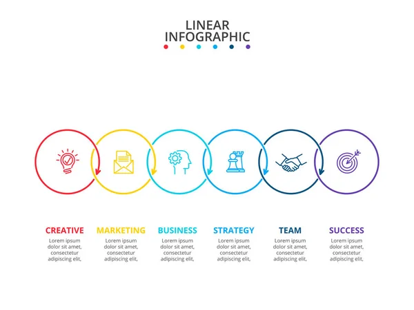 İnce çizgi düz öğeleri Infographic 6 adımları, seçenekleri, parçalar veya işlemlerin ile için. Sunumlar afiş, iş akışı düzenini, süreç diyagramı, bilgi grafik veya akış şeması için kullanılabilir. — Stok Vektör
