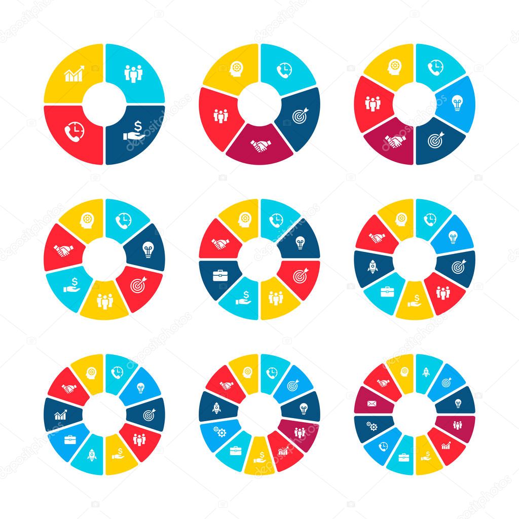 Circle infographics with 4, 5, 6, 7, 8, 9, 10, 11 and 12 steps, options or parts. Business concept for presentation