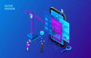 UI tasarım konsepti ile smartphone, Vinç ve insanlar. İzometrik vektör çizim. Web için açılış sayfası şablonu