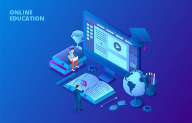 Online Eğitim tasarım konsepti ile bilgisayar, kitaplar ve insanlar. İzometrik vektör çizim. Web için açılış sayfası şablonu.