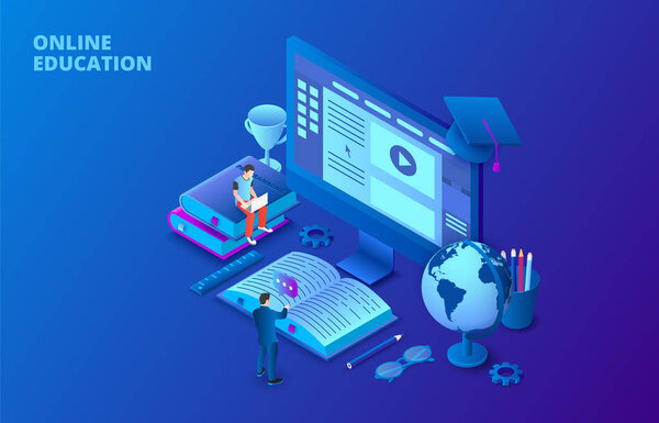 Концепция онлайн-образования с компьютером, книгами и людьми. Изометрическая векторная иллюстрация. Шаблон страницы посадки для веб
.