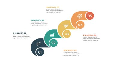 Grafiğin soyut unsurları, 5 aşamalı diyagram, seçenekler, parçalar veya süreçler. Sunum için vektör iş şablonu. Infographic için yaratıcı bir kavram.