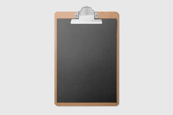 Real Photo Wooden Clipboard Blank Black Paper Mockup Template Isolated — Stock Photo, Image