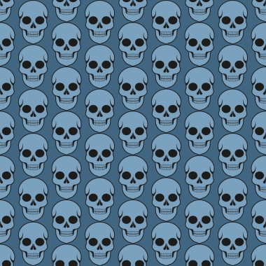 Gök mavisi arka planda mavi kafatasları olan kusursuz vektör deseni. Cadılar Bayramı baskısı; Ölülerin Günü;
