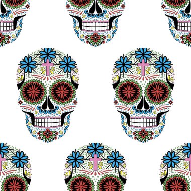 Süslü kafataslarıyla kusursuz vektör deseni. Cadılar Bayramı baskısı; Ölüler Günü; Santa Muerta