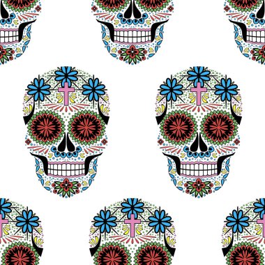 Seamless vector pattern with ornamented skulls. Halloween print; The day of the Dead; Santa muerta clipart