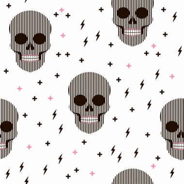 Dia de los Muertos kusursuz vektör deseni. Meksika Ölüler Günü. Ornametal kafatası ve Calavera Catrina ile el yapımı kağıt kesimi parti bayrağı. Santa Muerte 'yi açın. Çizgili kafataslarıyla arka plan