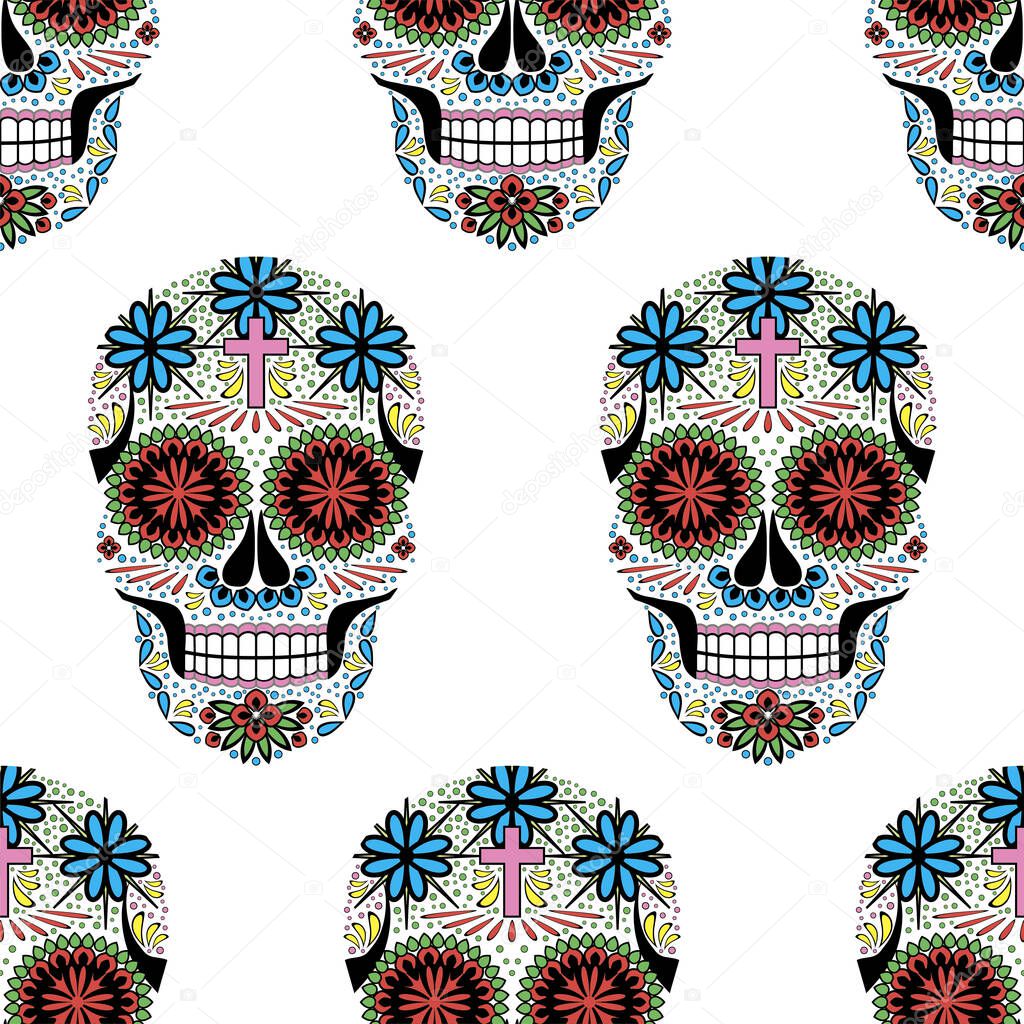 Seamless vector pattern with ornamented skulls. Halloween print; The day of the Dead; Santa muerta