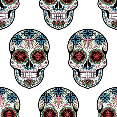 Süslü kafatasları ile kusursuz desen. Cadılar Bayramı baskısı; Ölülerin Günü