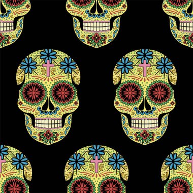 Süslü kafatasları ile kusursuz desen. Ölüler Günü, Cadılar Bayramı, Santa Muerta