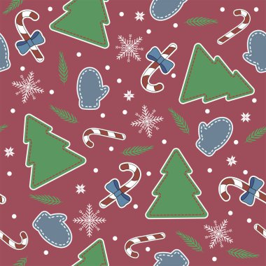 Ağaçlar, eldivenler ve lolipoplarla kusursuz bir Noel deseni.
