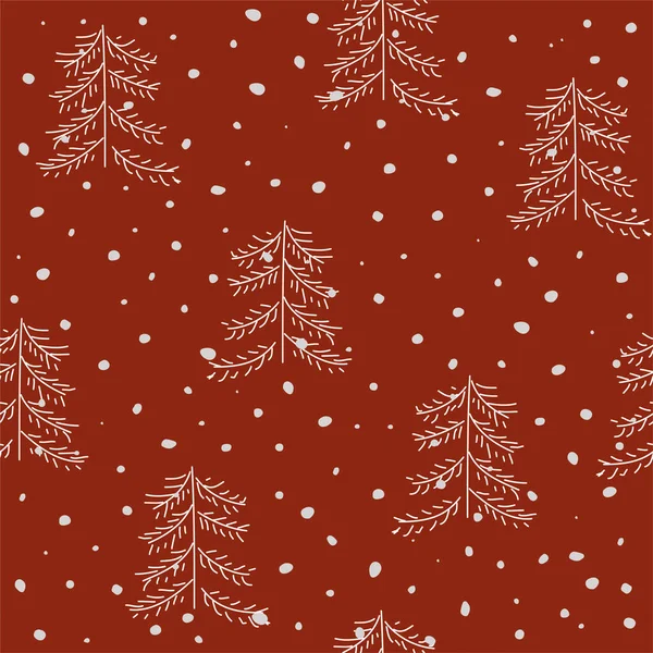 Noel ağacı ve kar yağışlı kusursuz vektör deseni. Kırmızı ve beyaz arka plan, dekoratif el çizimi köknar ağacı. Noel ağaçlarıyla ambalaj kağıdı. Grafik illüstrasyon