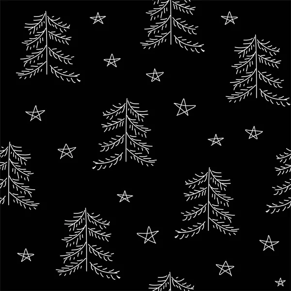 クリスマスツリーと星とシームレスなベクトルパターン 装飾的な手で黒と白の冬の背景はモミの木を描いた クリスマスツリーで紙を包む グラフィックイラスト — ストックベクタ