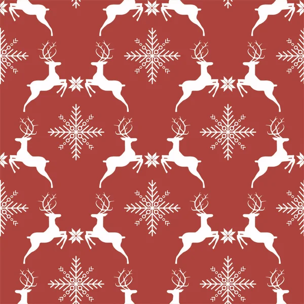 ベクトルは鹿や雪片と伝統的な北欧のパターンを描いた シームレスなクリスマスの背景 — ストックベクタ