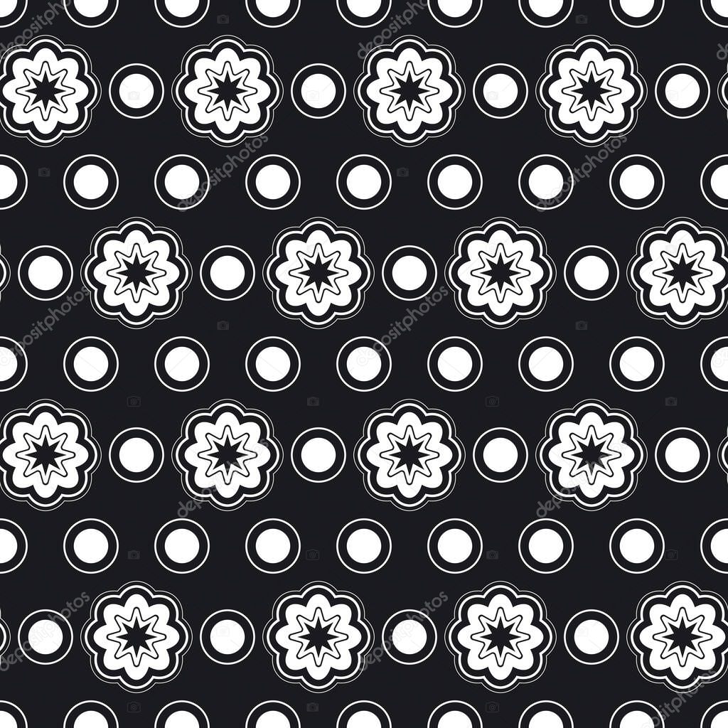 Seamless vector pattern in circles and flowers; background of dots and daisies