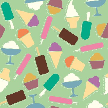 Dondurmalı kusursuz vektör deseni. Tatlıların düz simgeleriyle yaz arkaplanı