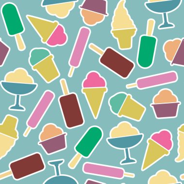 Dondurmalı kusursuz vektör deseni. Tatlıların düz simgeleriyle yaz arkaplanı