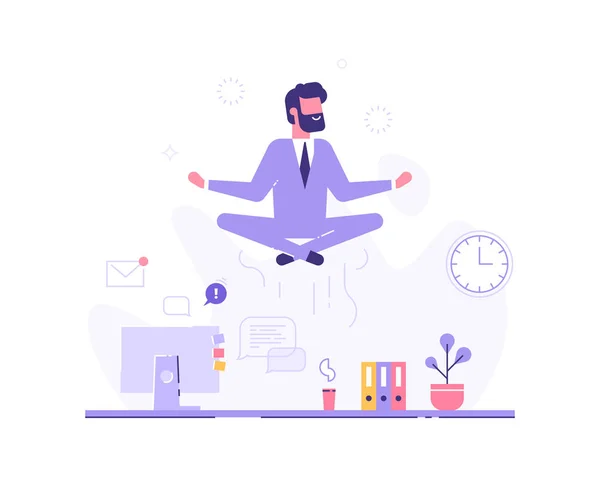 Zakenman doen yoga in kantoor over Bureau. Vector — Stockvector