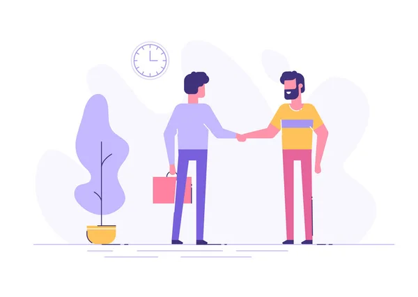 Two confident young men are shaking hands together Vector Graphics