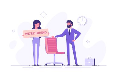 İşadamı ve kadın yeni personel alımı. Head avcılar. Boş yer bir ofiste. Düz vektör çizim