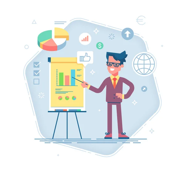 Man standing near flip chart and pointing graph. — Stock Vector