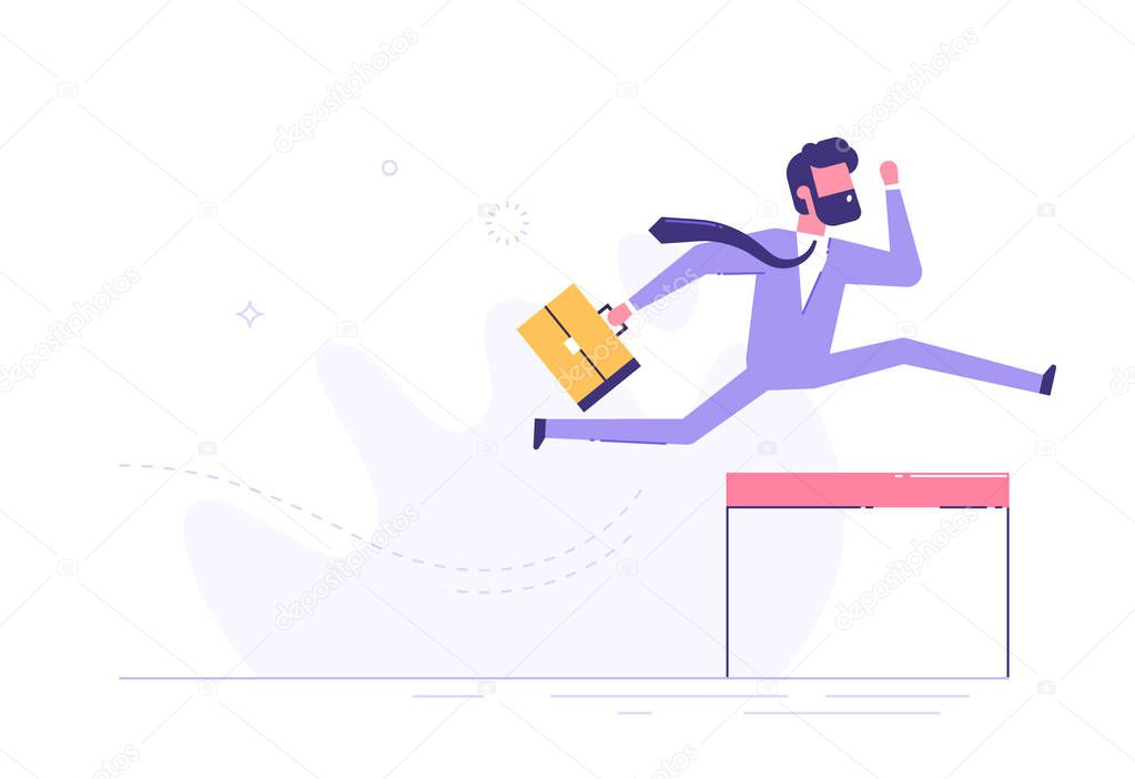 Confident businessman jumping over hurdle. Vector.