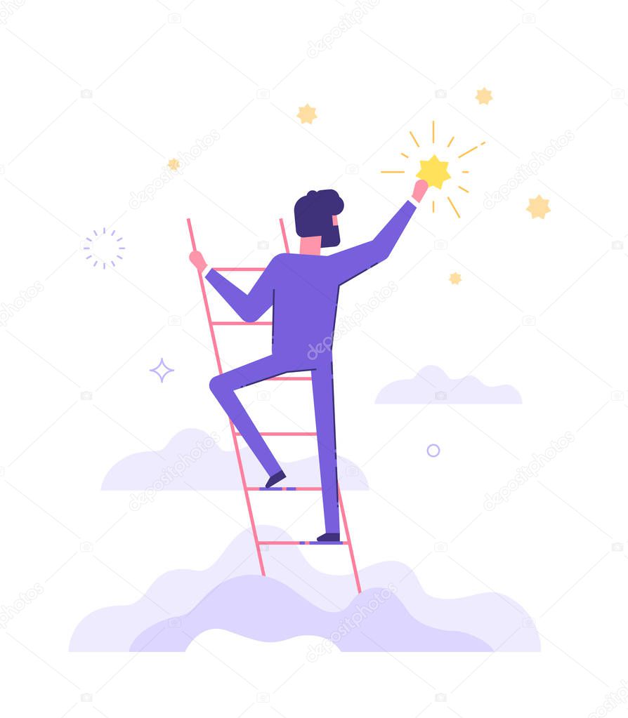 Man is standing on stairs and reaching star.