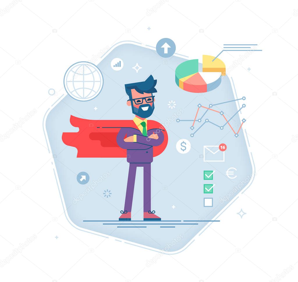 Man in a business suit and red cape superhero
