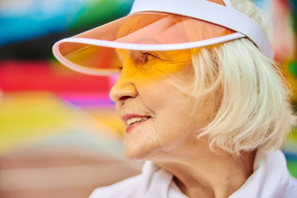 Old Healthy Cheerful Lady Colourfull Square Outdoors — Stock Photo, Image