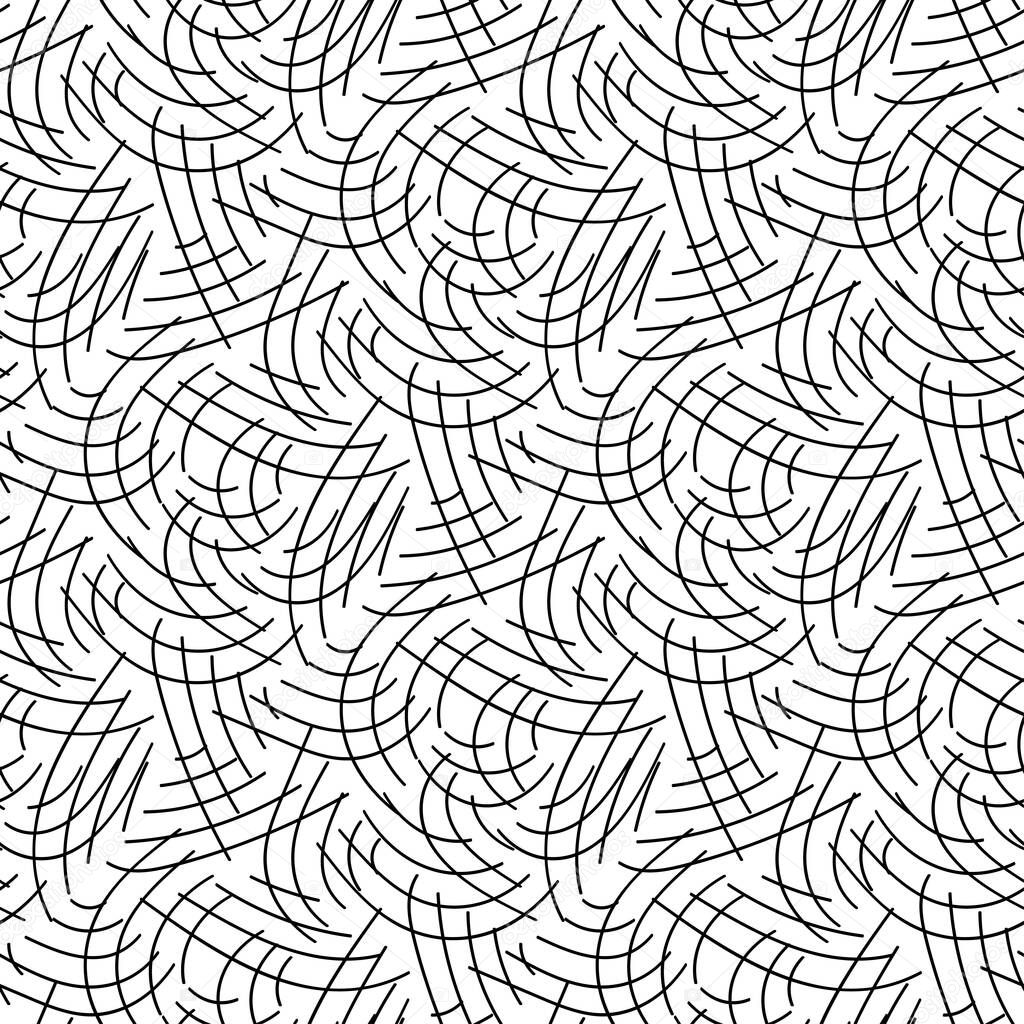 Abstract vector seamless floral background of doodle hand drawn lines. Monochrome wave pattern. Coloring book page. Black white wallpaper.